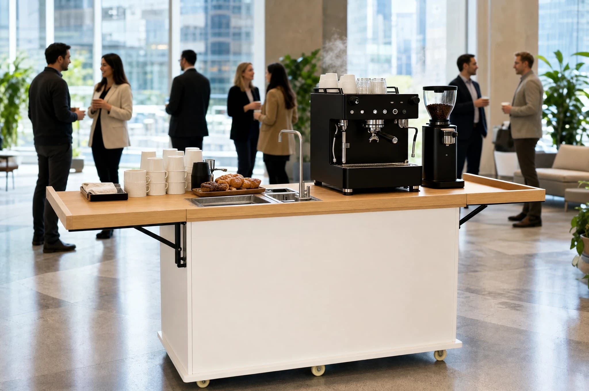The Syfr cart set up beside the windows at a corporate event