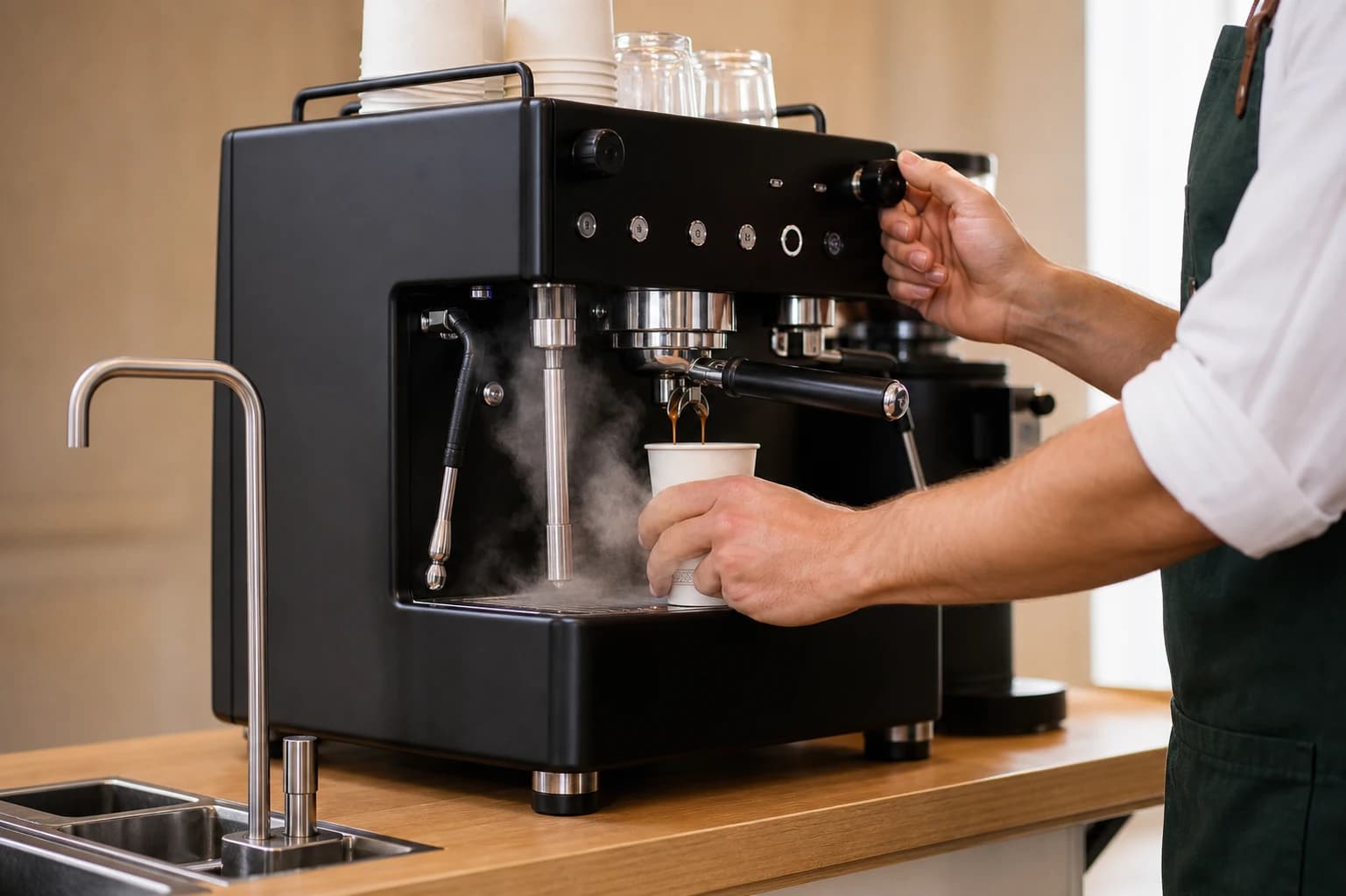 Syfr barista preparing fresh espresso at the mobile coffee cart in Toronto