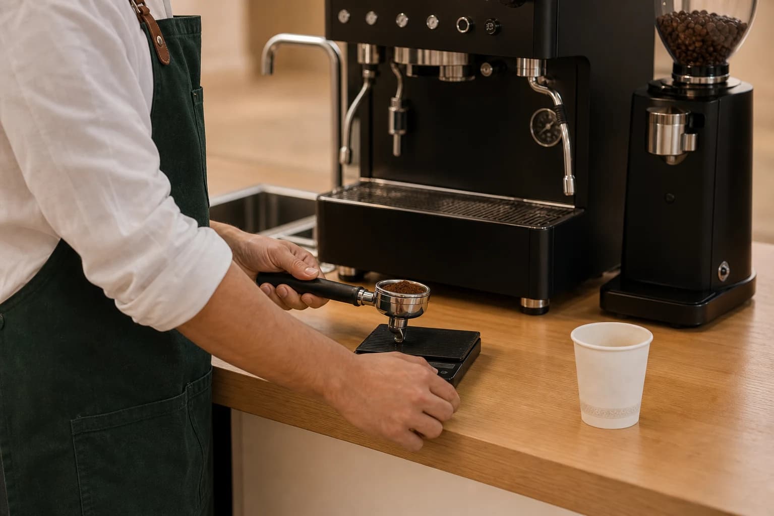 Syfr barista weighing fresh coffee at the mobile espresso bar in Toronto