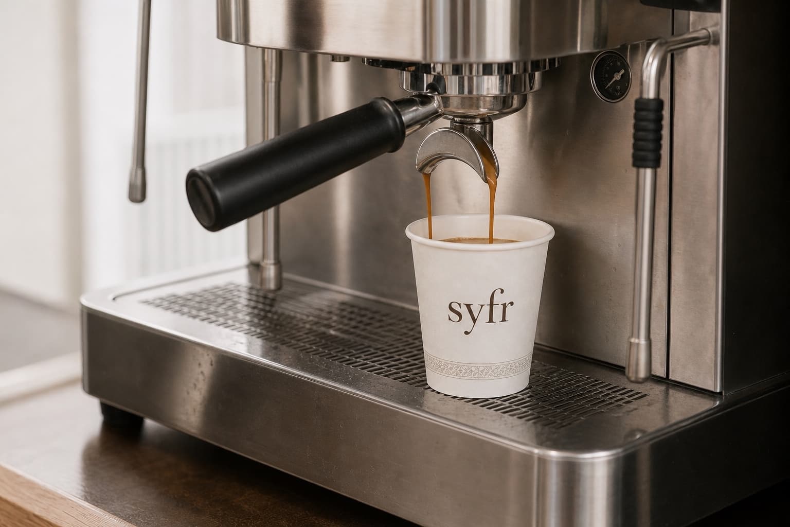 Espresso extracting into a wool-white Syfr cup