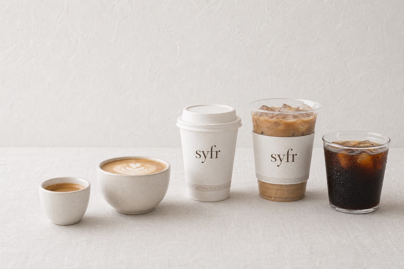 Espresso, flat white, hot coffee, iced coffee, and cold brew in Syfr cups