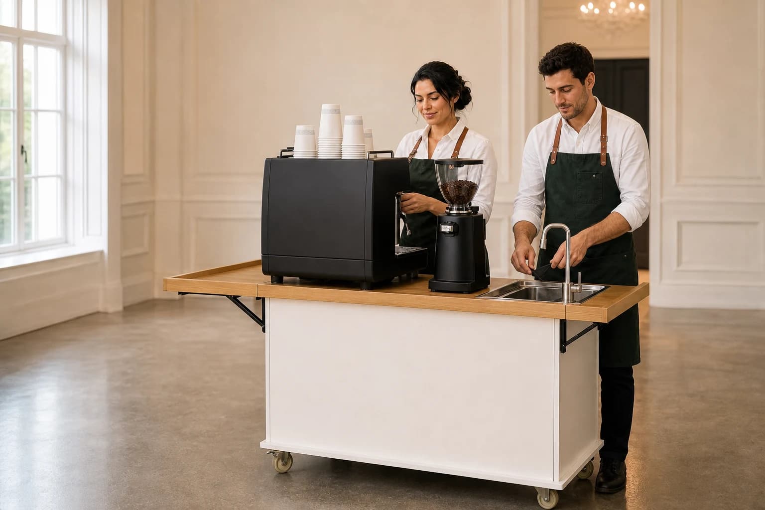Syfr Coffee mobile cart fully prepared with two baristas for a Toronto event