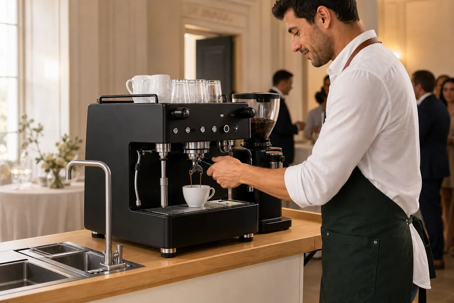 A barista pulling espresso at Syfr Coffee's mobile espresso bar in Toronto
