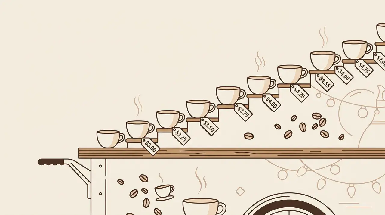 Espresso cups lined up as an ascending price staircase
