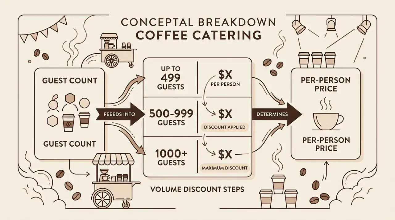 Guest count to per-person price breakdown with volume discount steps