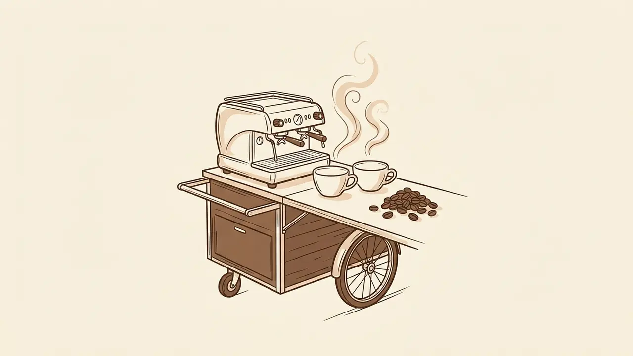 Two steaming espresso cups side by side on a mobile coffee cart counter