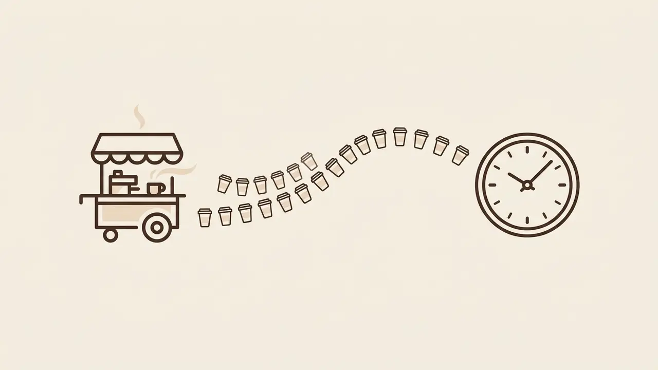 A coffee cart flowing into a stream of cups toward a clock, representing drinks per hour